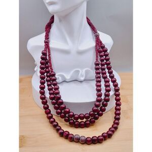Vintage Triple Strand Mahoghany Boho Wood Beaded Necklace